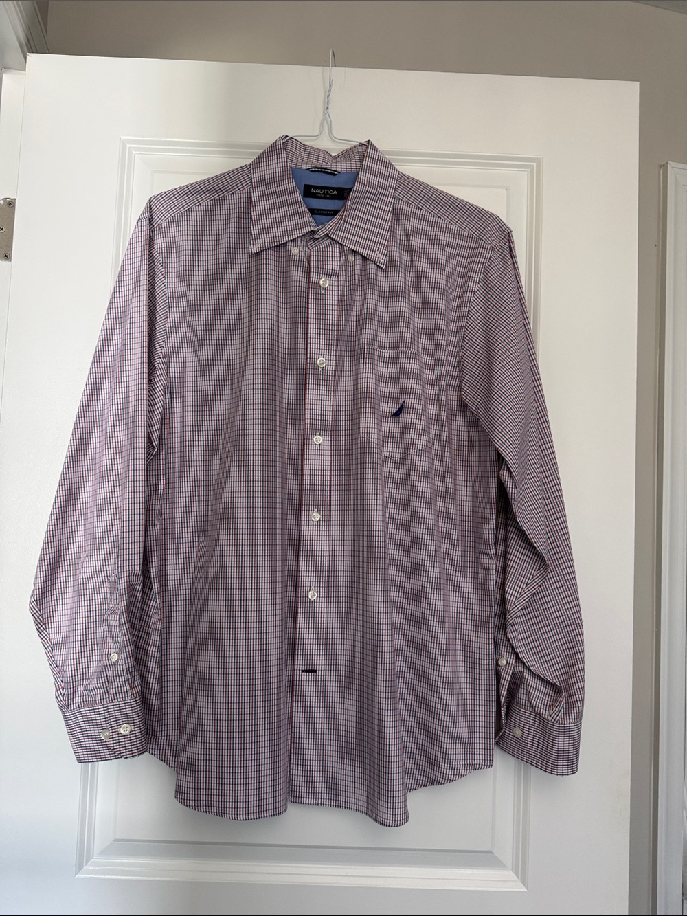 Nautica Men's Blue, Red, and White Micro-Check Dress Shirt